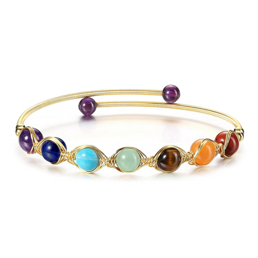 [Australia] - Top Plaza 7 Chakra Yoga Meditation Bracelet Healing Crystal Stone Bead Cuff Bracelets Adjustable 14K Gold Plated Bracelets for Women Girls Ladies Girlfriend Birthday Gifts 