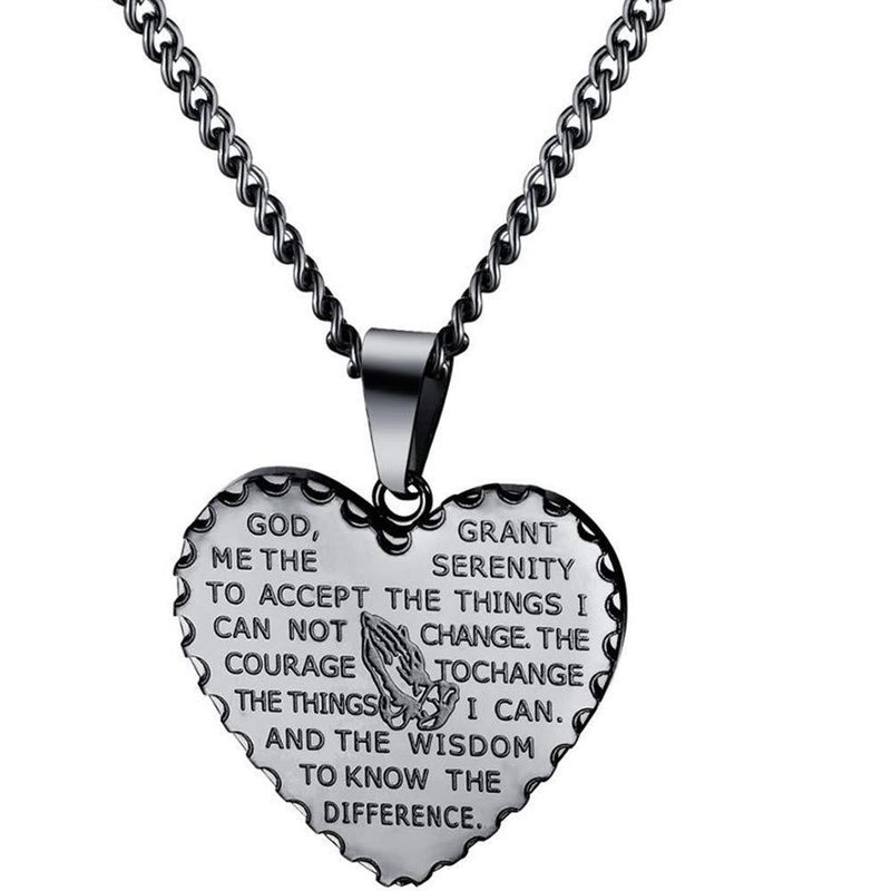 [Australia] - Stainless Steel Christian Cross Serenity Prayer Bible Verse Heart Shaped Pendant Necklace Black 