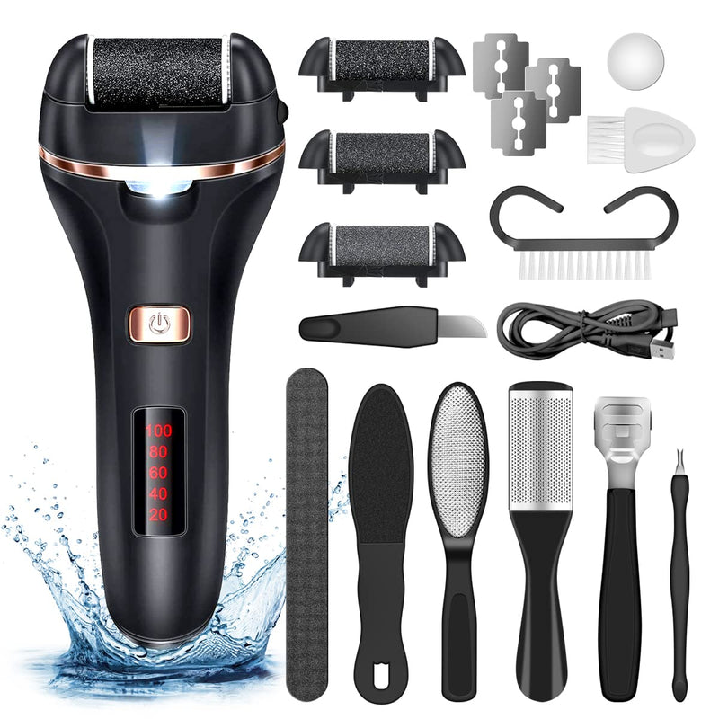 [Australia] - Electric Callus Remover for Feet,Rechargeable Foot File Hard Skin Remover,Waterproof 14 in1 Professional Pedicure Kit for Cracked Heels Calluses&Dead Skin,with 3 Roller Heads 2 Speed, Battery Display Black&Black 