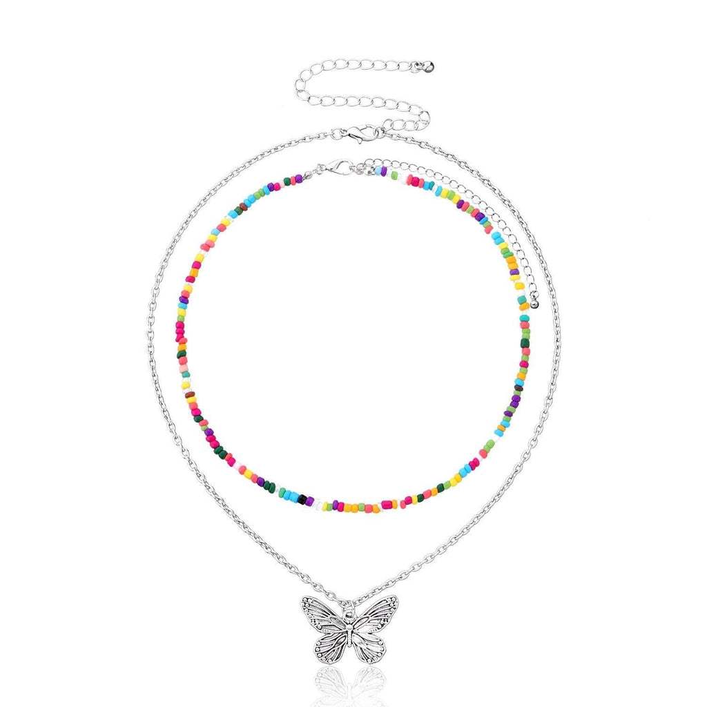 [Australia] - COLORFUL BLING Rainbow Choker Love Butterfly Necklace Rainbow Seed Bead Necklace Cute Necklace Beaded Necklace Beach Necklace for Women Girls 2 Layer 1 butterfly 