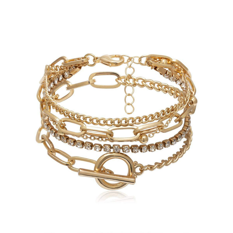 [Australia] - Konpicca Boho Gold Chain Bracelets for Women Girls, 14K Gold Plated Multiple Layered Stackable Cubic Zircon Bangle Adjustable Link Jewelry 