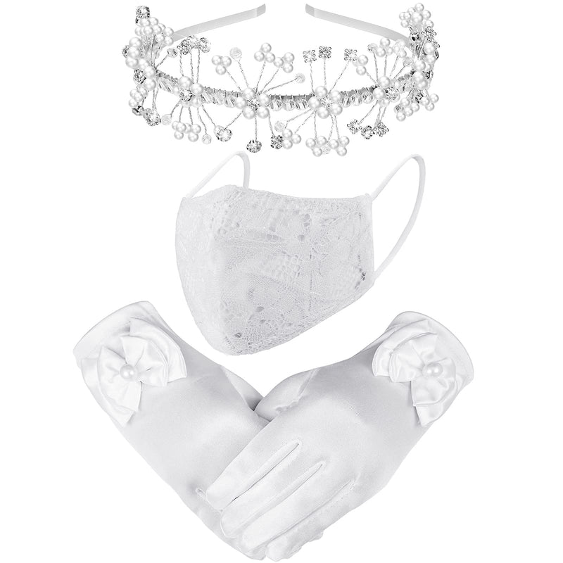 [Australia] - Vicpen 3 Pieces First Holy Communion Gorgeous Satin Fancy Princess Gloves, Face Covering Lace Cloth Face Covering Lace Dustproof Mouth Cover and Faux Pearl Princess Headband Floral Hair Accessory Set 