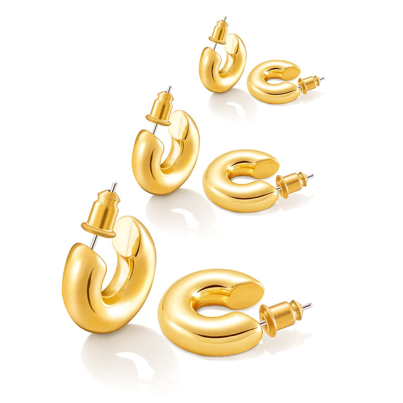 [Australia] - Chunky Hoop Earrings Sets: 3 Pairs Small 14k Gold Thick Hoop Hypoallergenic Packs for Women Men Boys Girls Teens 