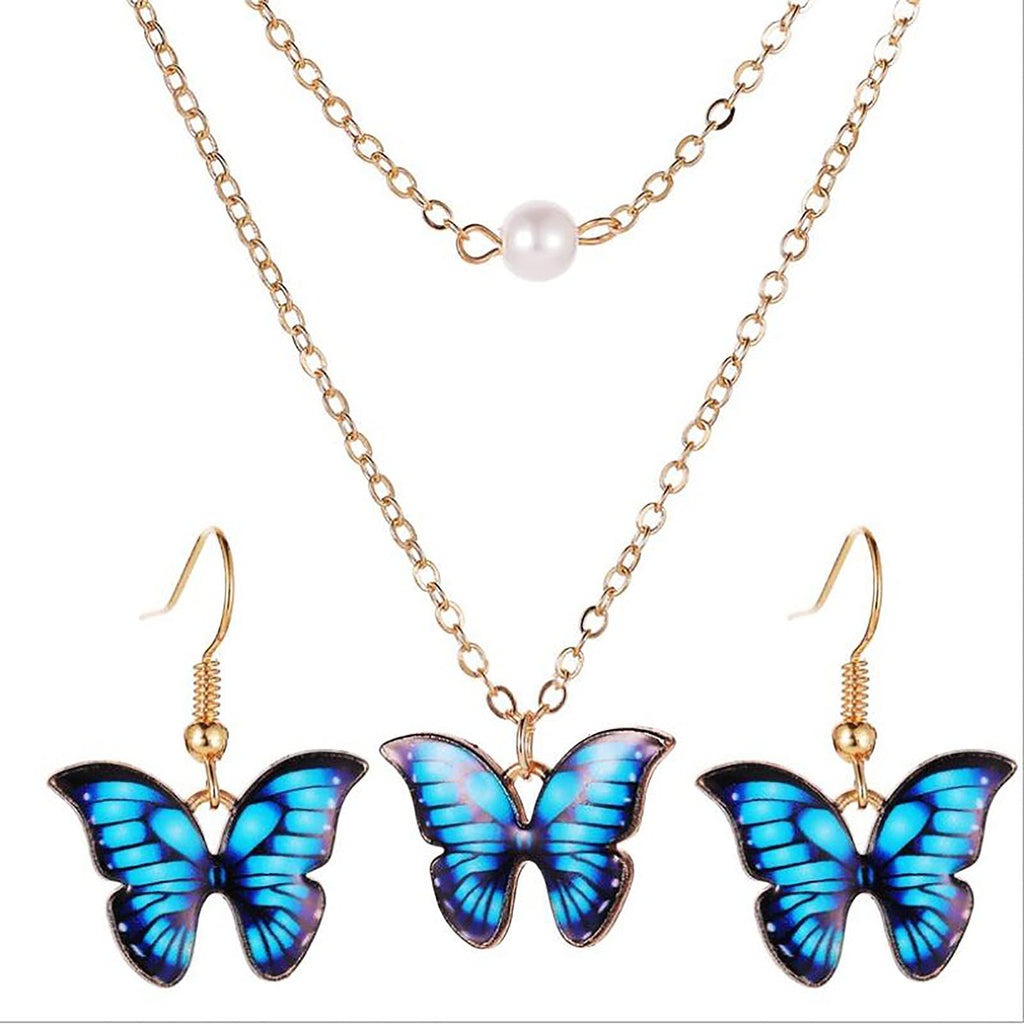 [Australia] - Vangelady Butterfly Necklace Earrings Set Faux Pearl Pendant Double Chain Jewelry for Women Girls Teens Gold Plated 