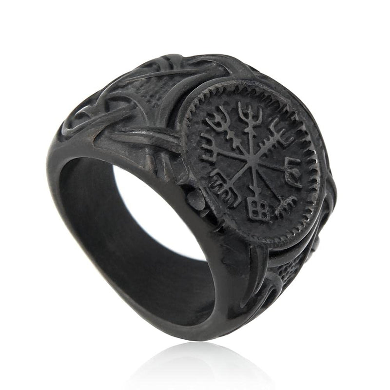 [Australia] - BAVIPOWER Viking Vegvisir Norse Compass Ring Stainless Steel Accessory Guardian Protection Amulet Black Compass 7 