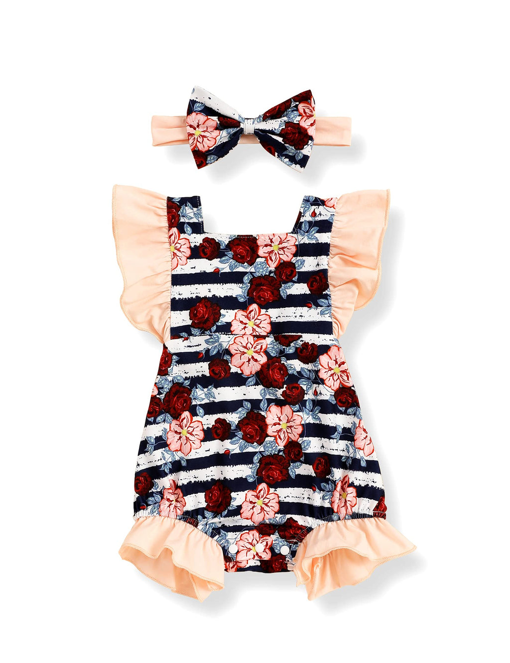 [Australia] - Infant Baby Girls Clothes Ruffle Floral Romper Jumpsuits Bodysuit + Headband Outfits Set 0-12M Apricot 3 Months 