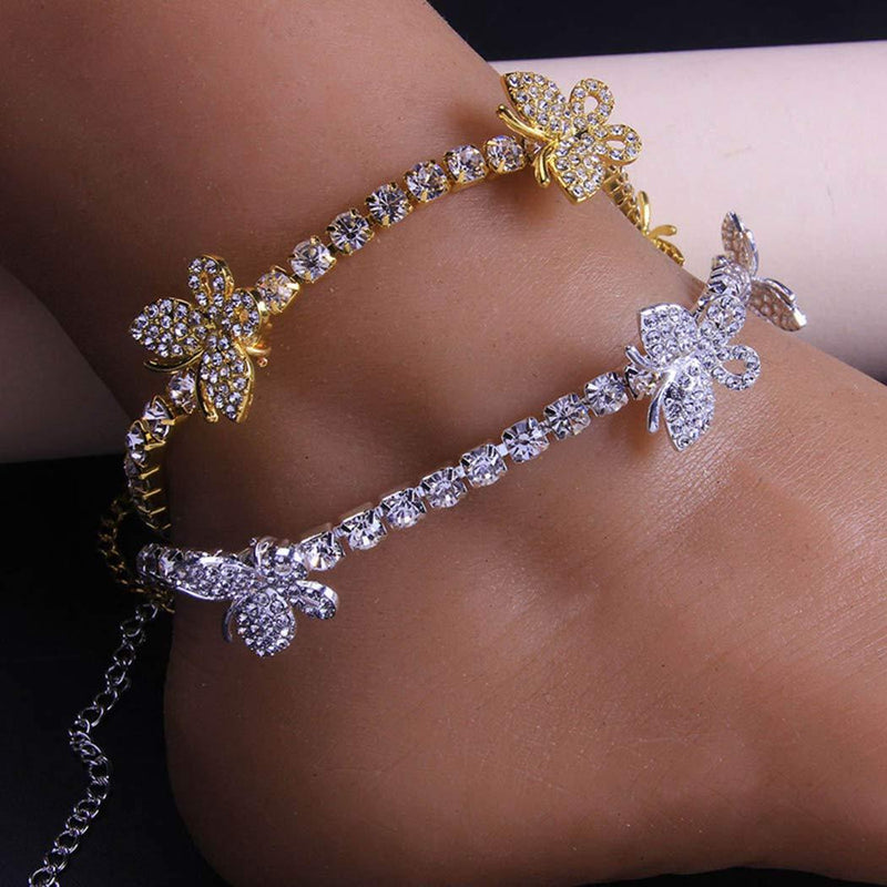 [Australia] - Tennis Chain Butterfly Anklet Bracelet Cubic Zirconia Beach Chain Anklet Golds Silvery Rhinestone Jewelry For women and girls Gold 