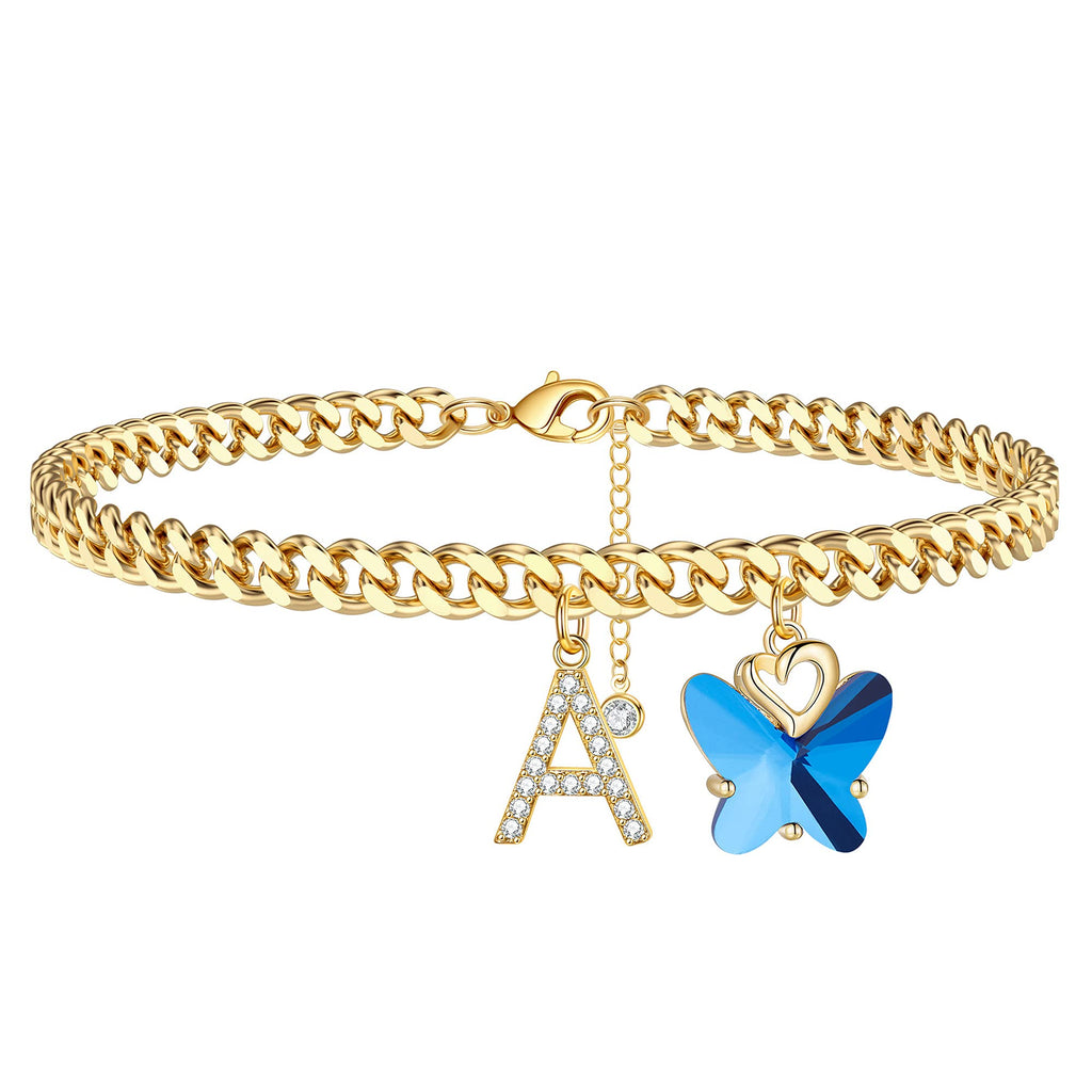 [Australia] - Initial Ankle Bracelets for Women, 14K Gold Plated Cuban Chain Initial Anklets for Women Cute Butterfly Anklet Foot Jewelry Letter Ankle Bracelets A 