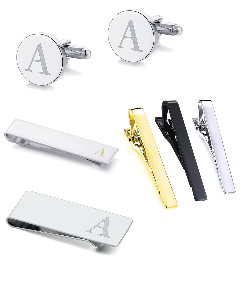 [Australia] - Tornito 7Pcs Cufflinks Tie Bar Button Shirt Studs Money Clip Personalized Initials Alphabet Engraved Letter A-Z for Men Business Wedding 