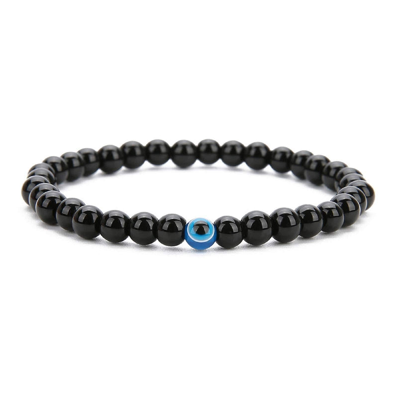 [Australia] - COLORFUL BLING Lucky Evil Eye Blue Beaded Charm Stretch Bracelet Black Agate Beads Gemstone Lava Stone Evil Eye Bracelet for Unisex Glossy 