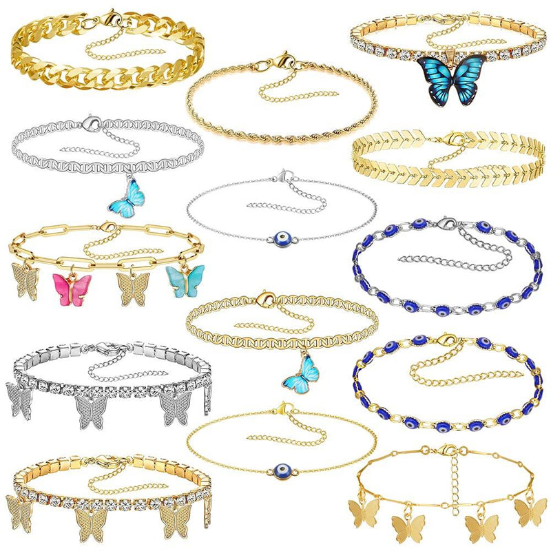 [Australia] - hefanny 14 Pcs Evil Eyes Butterfly Crysta Sparkly Luck Anklet Bracelets Set for Women Gold Boho Beach Anklets Chain Adjustable Foot and Hand Adjustable Chain Jewelry for Girls 1 