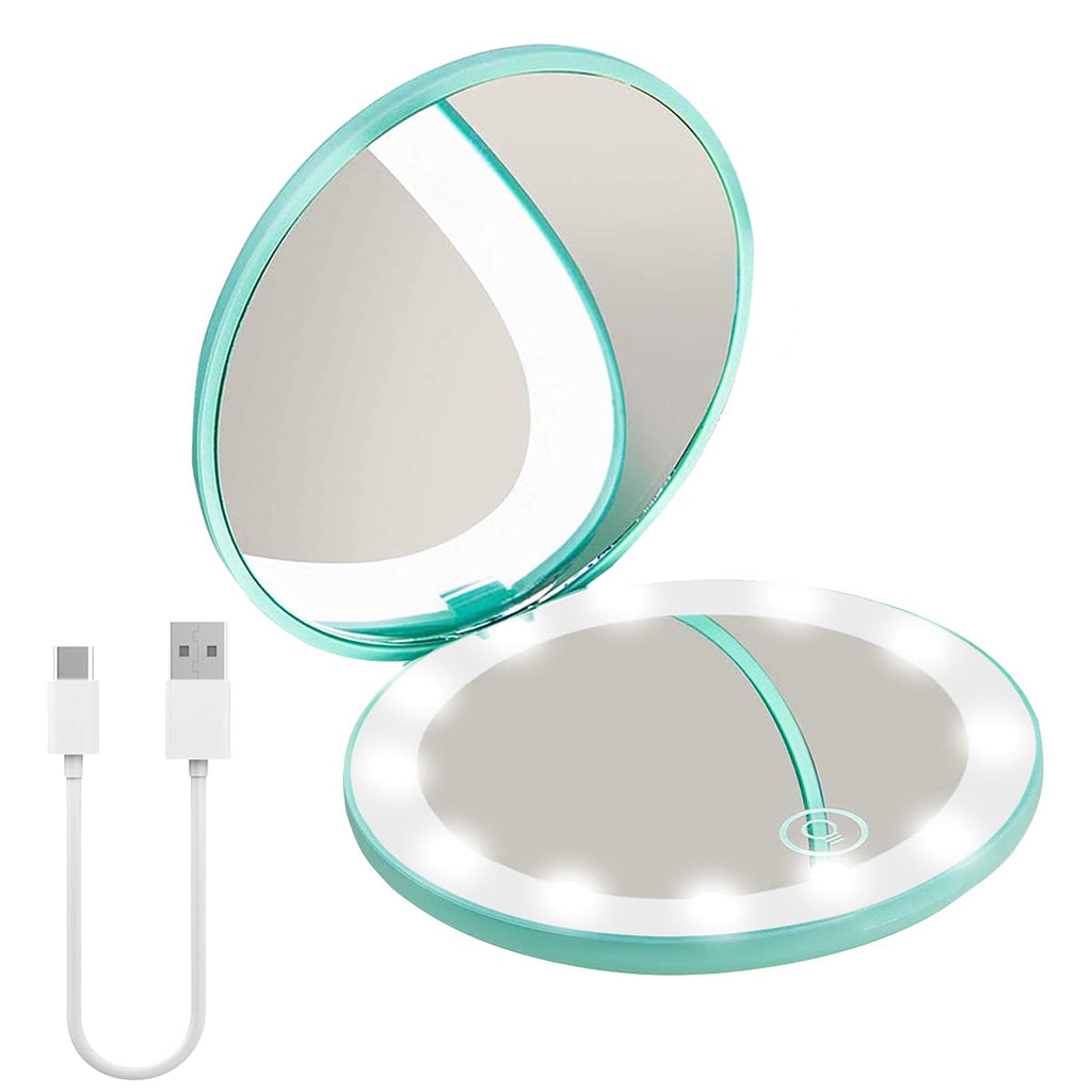 [Australia] - Bocampty Compact Mirror with LED Light，1x/10x Magnifying Rechargeable Travel Mirror, Dimmable 3.5 Inch Small Pocket Makeup Mirror for Handbag,Purse,Handheld 2-Sided Mirror,Gifts for Girls Cyan 1pc 