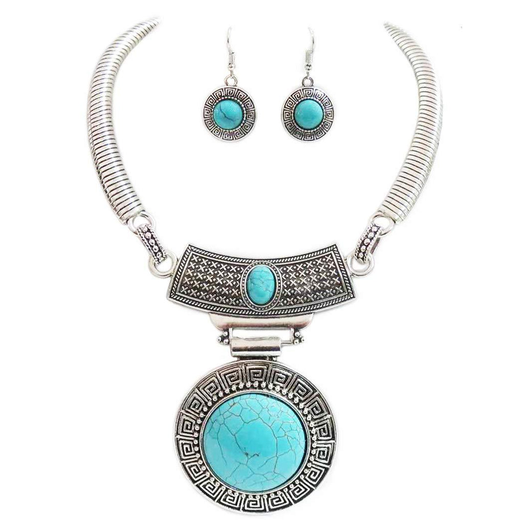 [Australia] - Rosemarie & Jubalee Women's Cowgirl Chic Western Style Large Statement Concho Medallion With Natural Turquoise Howlite Collar Necklace Earrings Set, 10"+3" Extender Round Aztec Turquoise Howite 