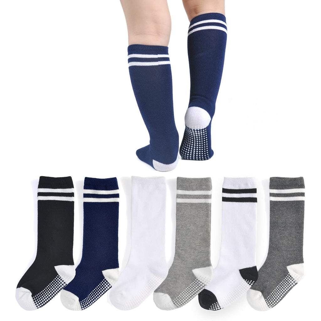 [Australia] - Baby Knee High Socks 6 Pairs Non Slip Tube Long Socks for Toddlers Kids Boys Girls 1-3T Boys Athletic Stripes, 6 Pairs 