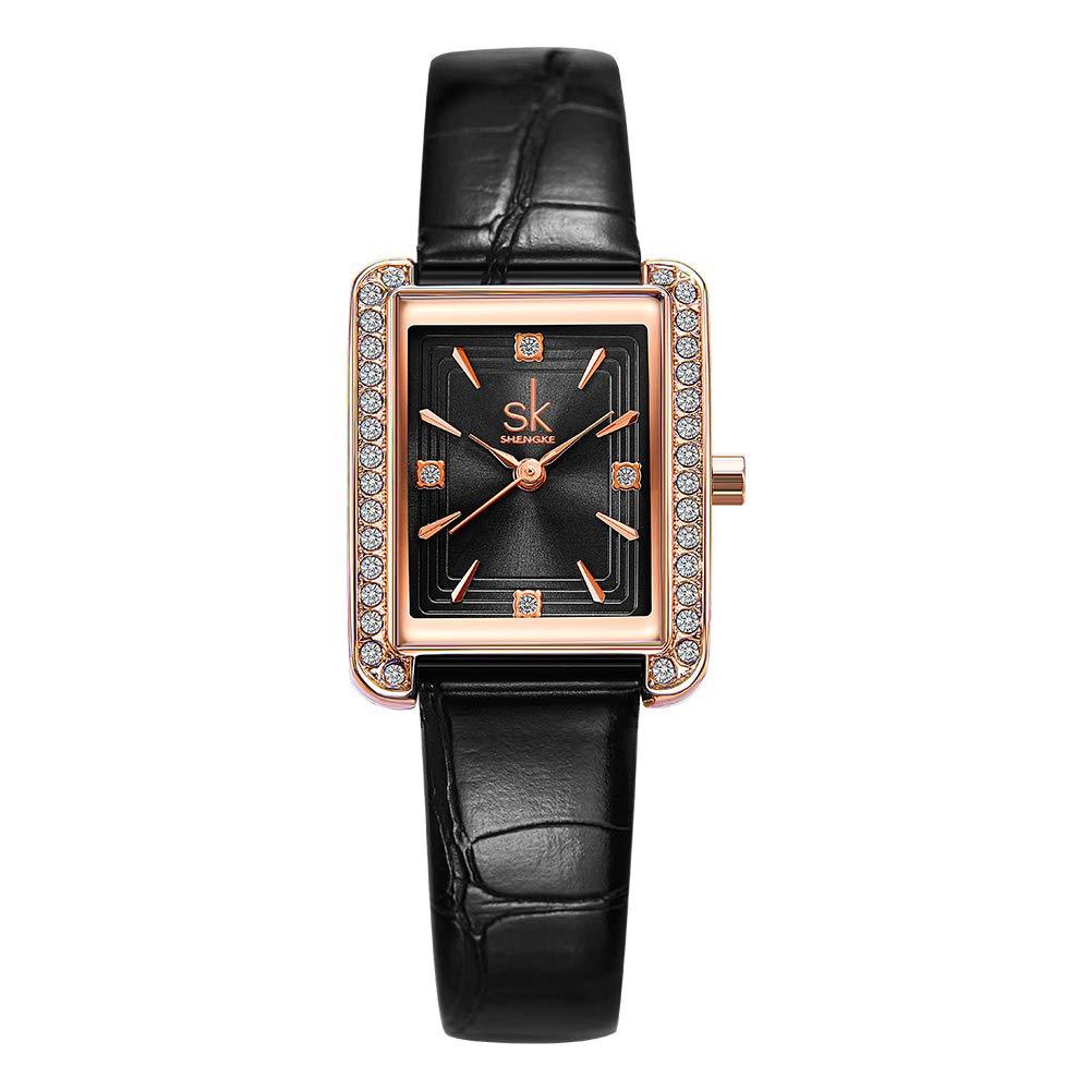 [Australia] - SHENGKE Women’s Rectangle Watch with Crystal Decorated Bezel Classic Tank Shape Square Wrist Watch with Clear Dial Looks Graceful and Capable Montre Femme Rectanglaire a Nice Gift K0151 Black LR 