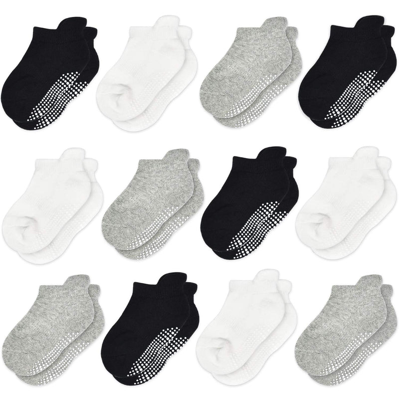 [Australia] - Non Slip Toddler Socks 12 Pairs Infant Baby Kids Grip Socks for Boy Girls Tphon Anti Skid Ankle Socks for 1-7 Year Children 6-12 Months #1 12 Pairs Black/Grey/White 