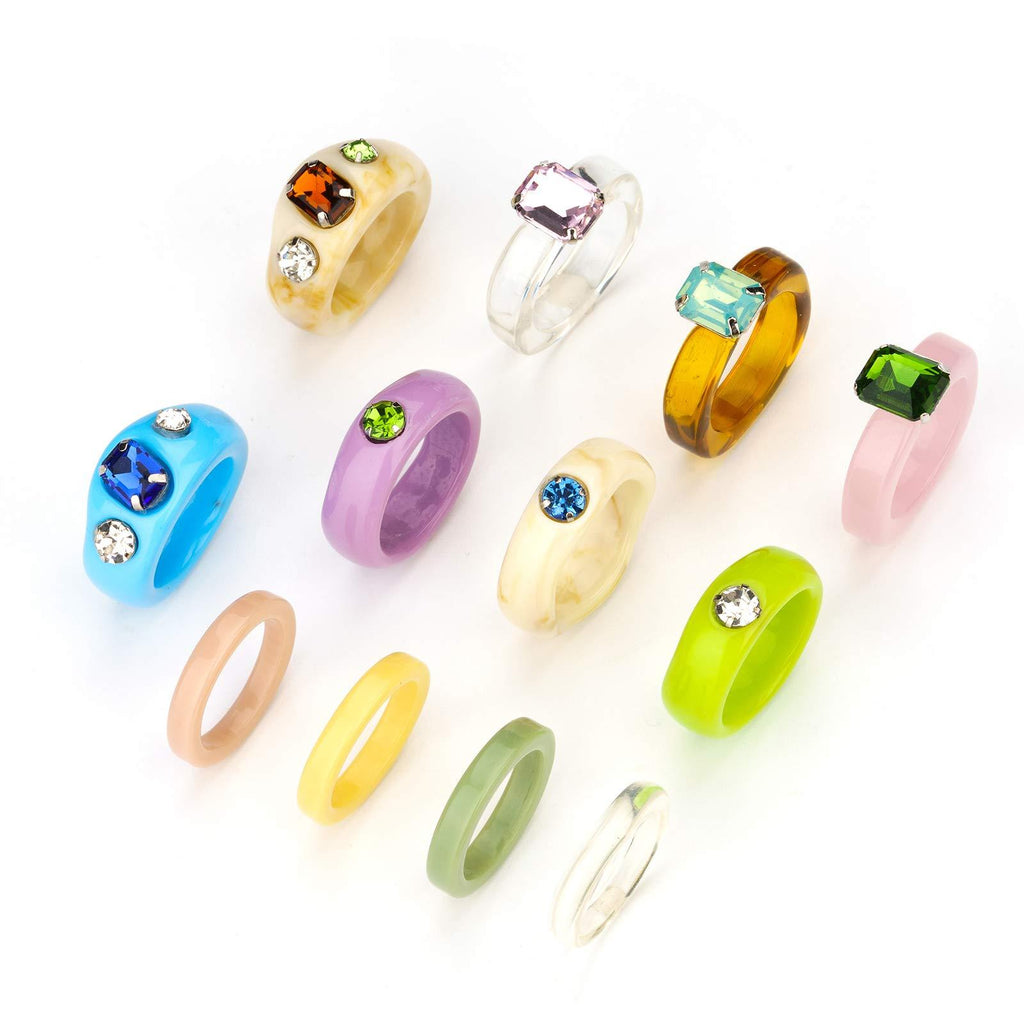 [Australia] - nonsucheer 12 Pcs Chunky Resin Acrylic Trendy Rings with Crystals, Retro Vintage Plastic Rhinestone Ring for Women Girls, Transparent Gem Jewelry Gift 12pcs(Style 1) 