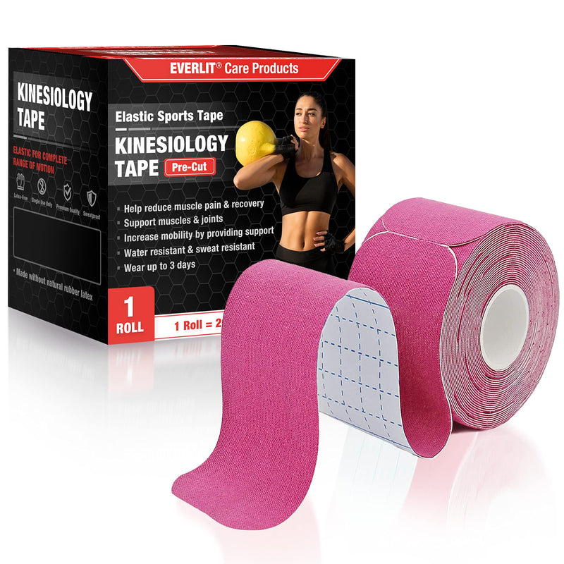 [Australia] - EVERLIT [Single] Pre-Cut Elastic Cotton Kinesiology Therapeutic Athletic Sports Tape, for Pain Relief and Support, 20 Precut 10” Strips (Pink) Pink 