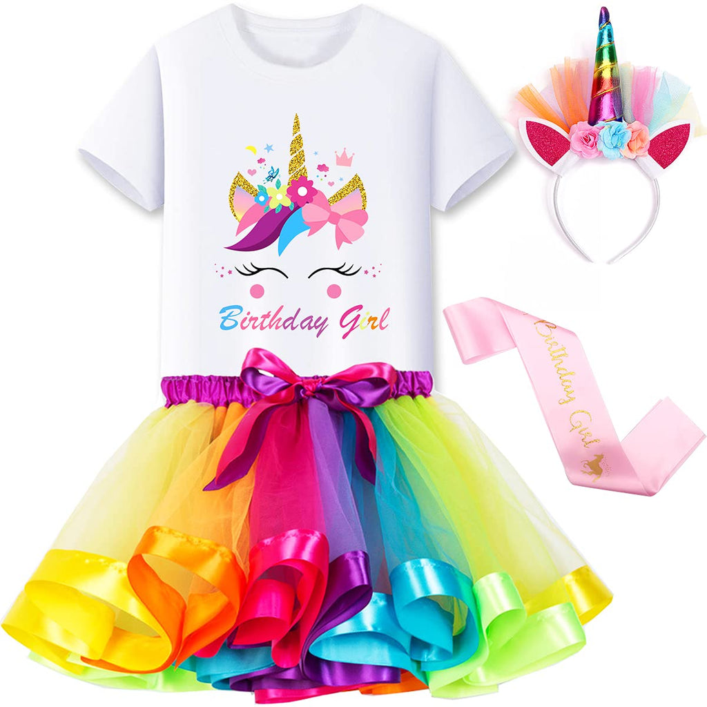 [Australia] - Birthday Girls Unicorn Costume ,Rainbow Tutu Skirt with White Shirt, Headband & Satin Sash,Unicorn Gifts for Girls Birthday Girls Unicorn 1 5-6T 