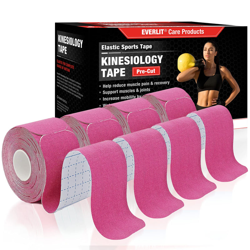 [Australia] - EVERLIT [4-Pack] Pre-Cut Elastic Cotton Kinesiology Therapeutic Athletic Sports Tape, for Pain Relief and Support, 80 Precut 10” Strips (Pink) Pink 