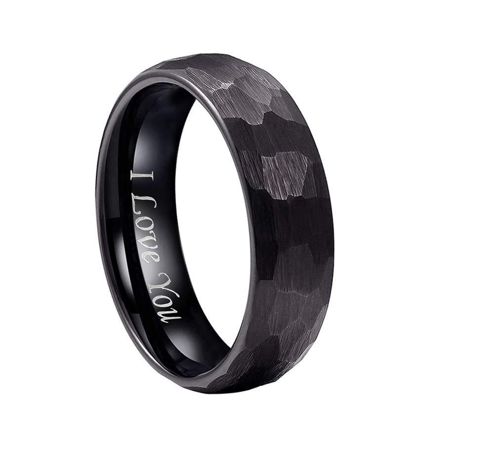 [Australia] - Crownal 6mm 8mm Black Hammered Tungsten Wedding Couple Bands Rings Men Women Matte Hammer Brushed Finish Engraved "I Love You" Size 5 To 17 Black Hammered 6mm 