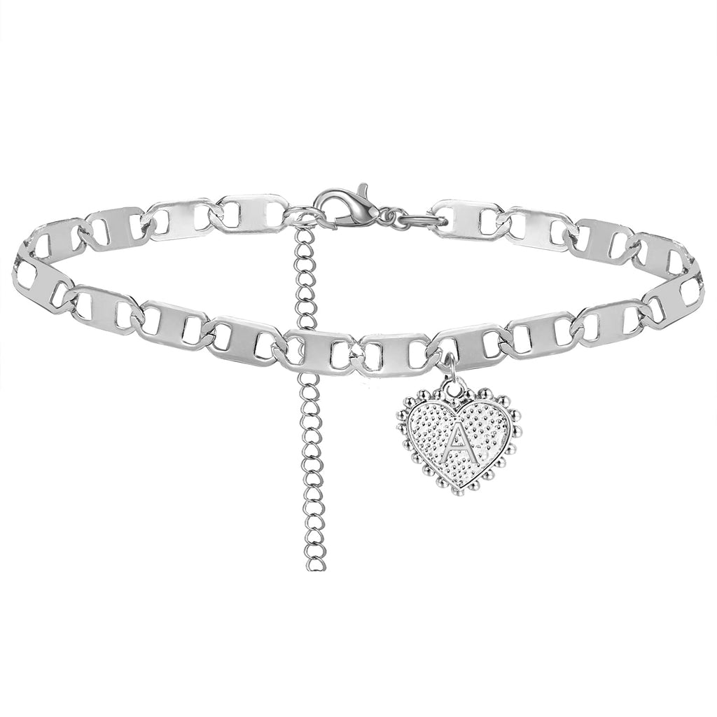 [Australia] - HUASAI Initial Anklet Silver Ankle Bracelets for Women Heart Letter Anklet Silver Figaro Chain Anklets with Initials Stainless Steel Anklet Bracelet for Women Teen Girls A 