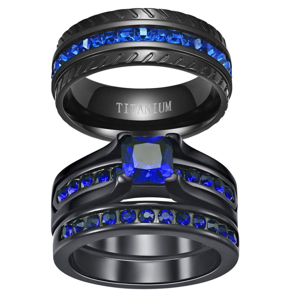 [Australia] - Ringcrown Couple Rings Black Plated Princess Cut Blue Cz Womens Wedding Ring Sets Titanium Steel Man Wedding Bands（Please Buy 2 Rings for 1 Pair） women(1pc) 6 
