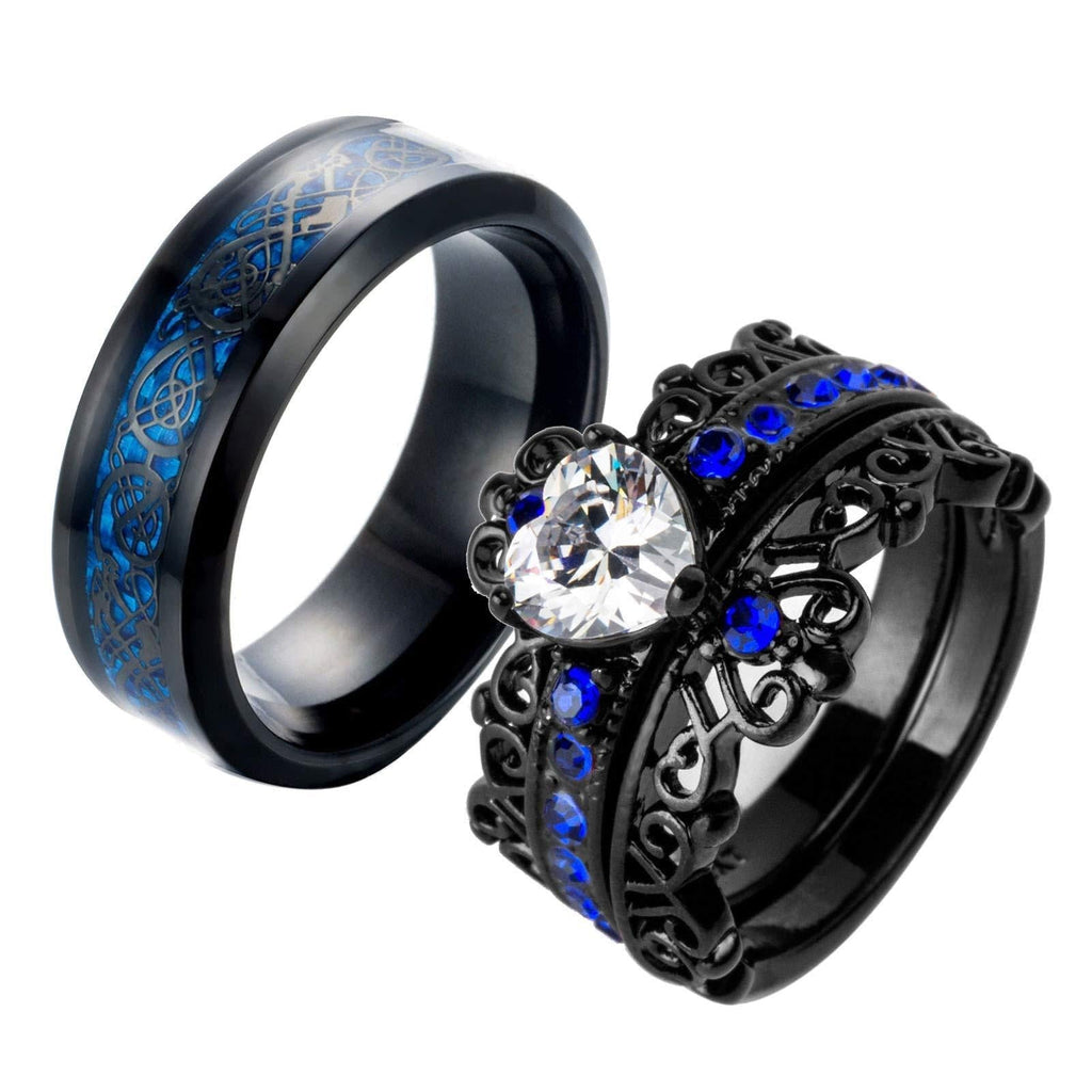 [Australia] - Ringcrown Couple Rings Black Plated Heart Blue Cz Womens Wedding Ring Sets Crown Ring Titanium Man Wedding Bands（Please Buy 2 Rings for 1 Pair） women(1pc) 6 