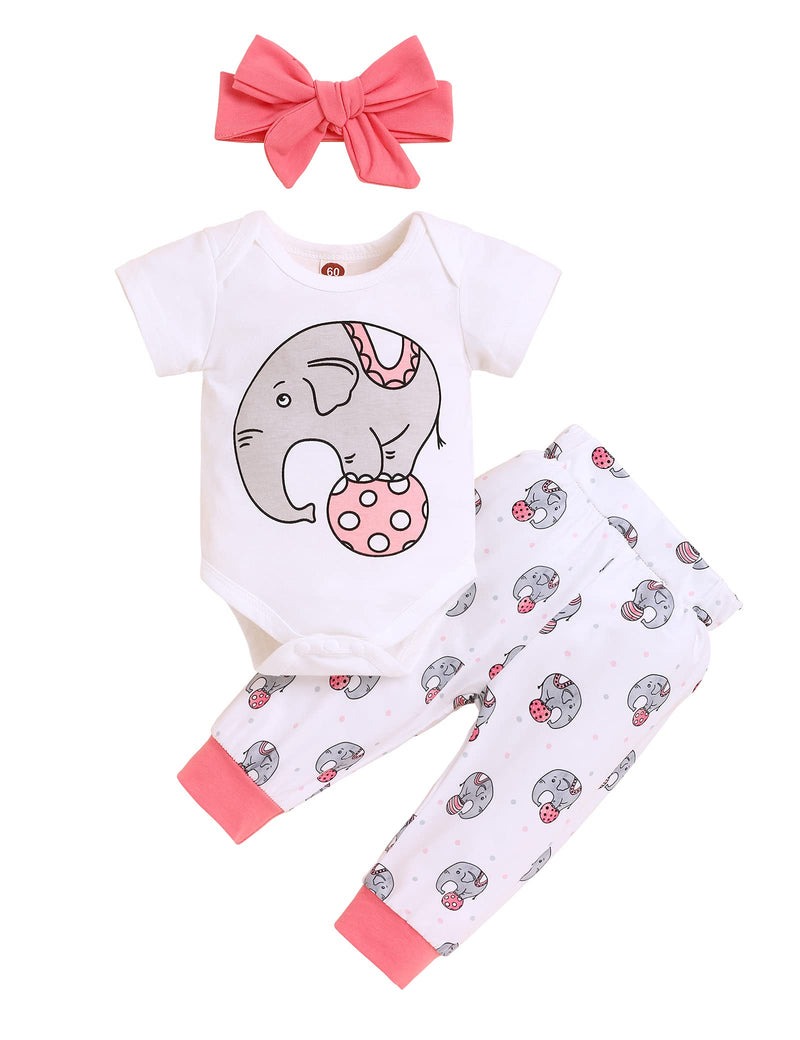 [Australia] - Newborn Infant Baby Girl Boy Clothes Short Sleeve Elephant Romper + Pants + Headband Hat 3Pcs Outfits Set Pink Newborn 