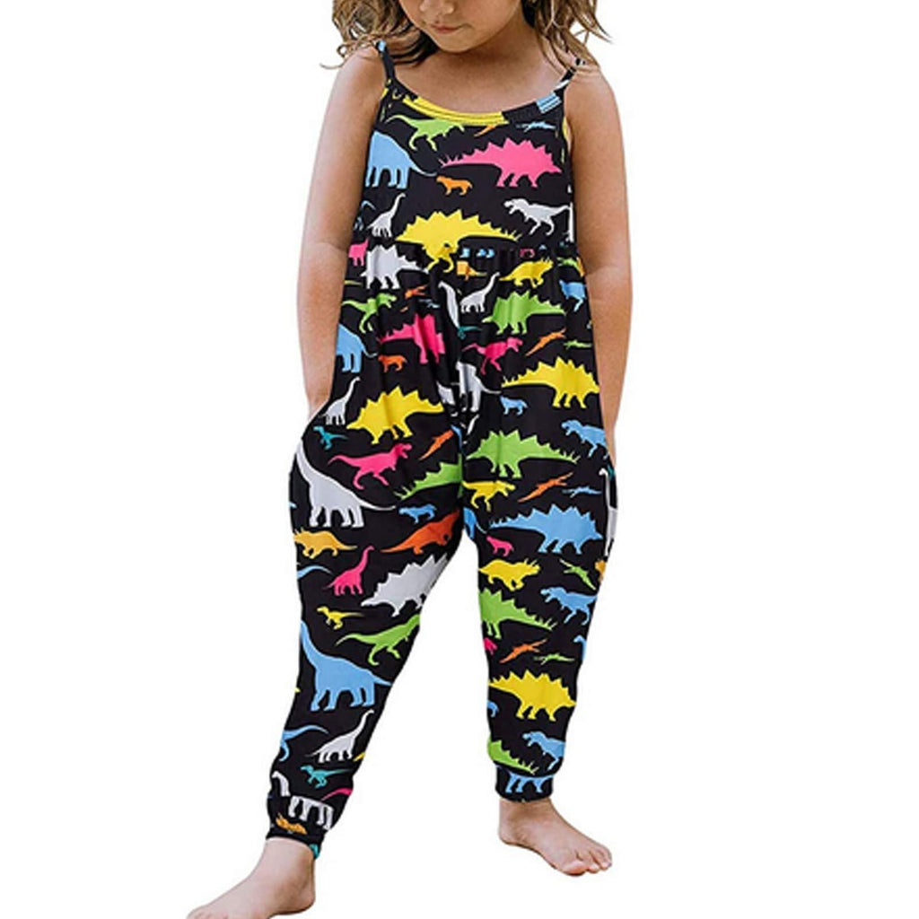 [Australia] - Toddler Girls One Piece Jumpsuit Floral Dinosaur Printed Playsuit Sleeveless Romper Summer Outfits Clothes Black Dinosaur 1-2T 