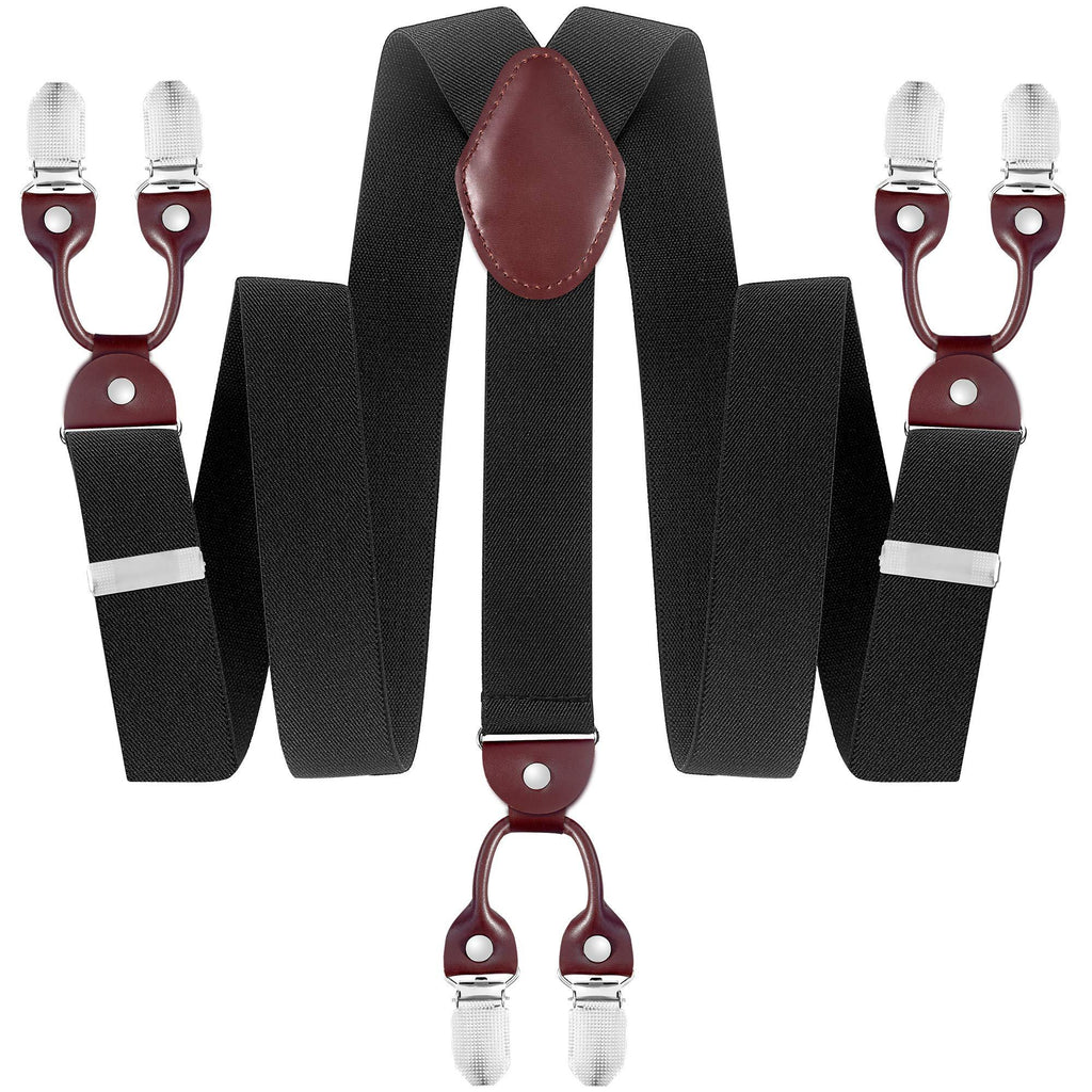 [Australia] - KENLES Men's Suspenders with 6 Strong Clip Y Shape Wide Leather Tuxedo Suit Braces Black 