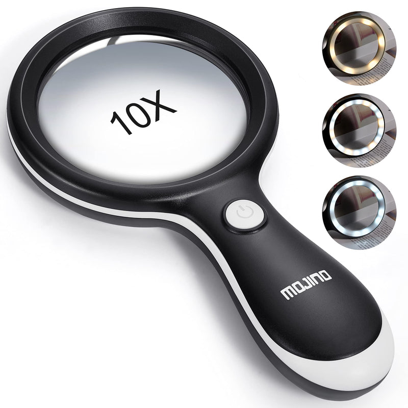 [Australia] - Magnifying Glass with Light, MOJINO 10X Lighted Large Handheld Reading Magnifier Glasses with 18 LED Lights for Macular Degeneration, Seniors & Kids Reading, Inspection, Coins, Jewelry, Exploring Black 