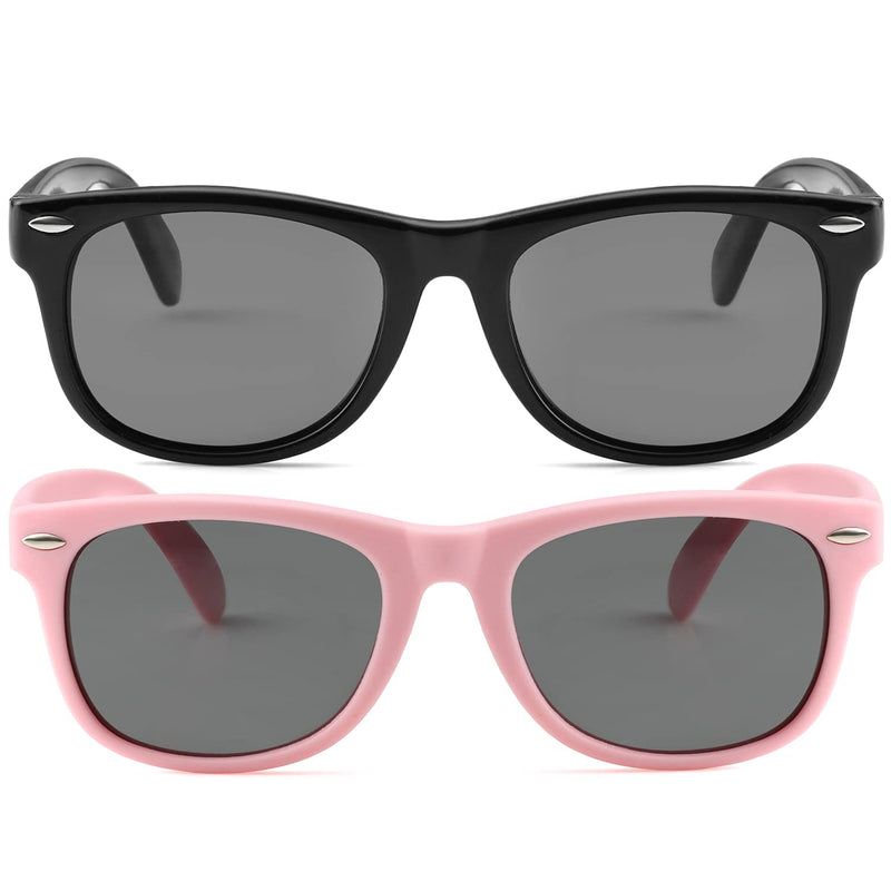 [Australia] - Kids Polarized Sunglasses for Boys Girls TPEE Rubber Flexible Frame Shades Age 3-12 02 Bright Black + All Pink 45 Millimeters 