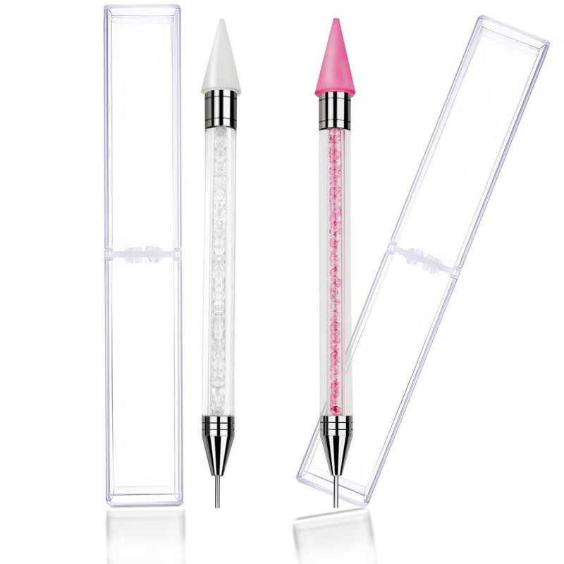 [Australia] - 2 Pieces Nail Rhinestone Picker Pencil Dotting Pen Wax Pen for Rhinestone Crystals Beads Dual-ended Rhinestone Picker Manicure Nail Art DIY Tool With Acrylic Handle Nail Gems Applicator (Pink & White) 