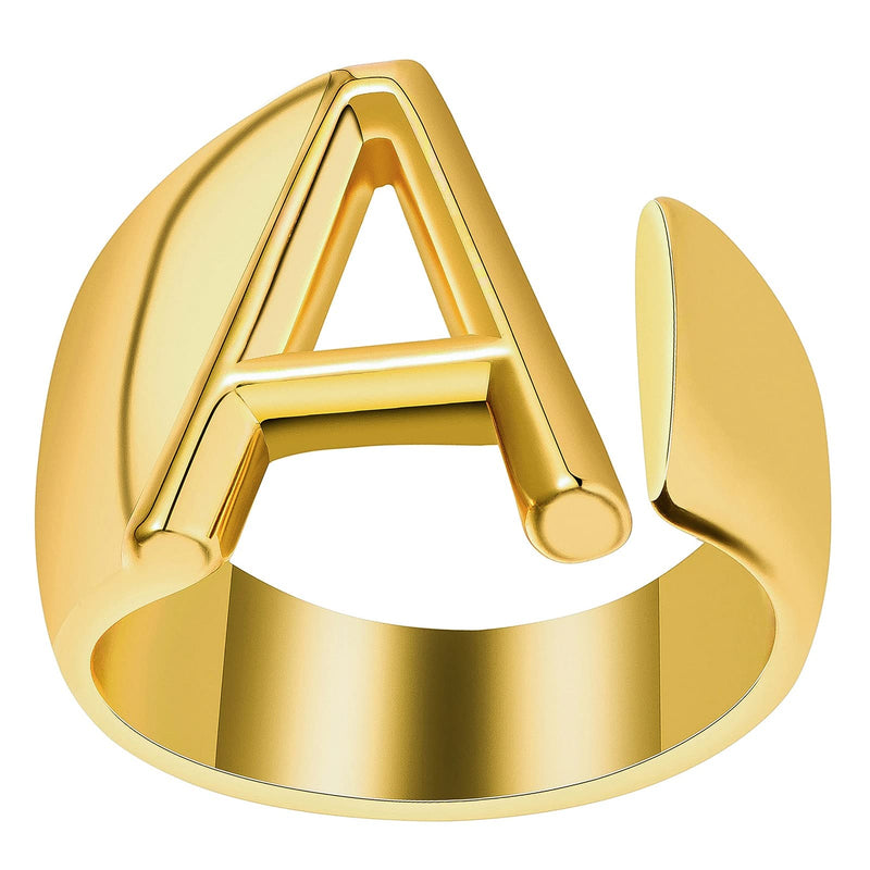 [Australia] - BTOYM Personalized 24K Gold Initial Ring for Women Men Stackable Letter Rings Statement Open Gold Rings for Girl Alphabet Bold Letter A to Z Resizable Knuckle Ring (with Gift Box) Gold-A 