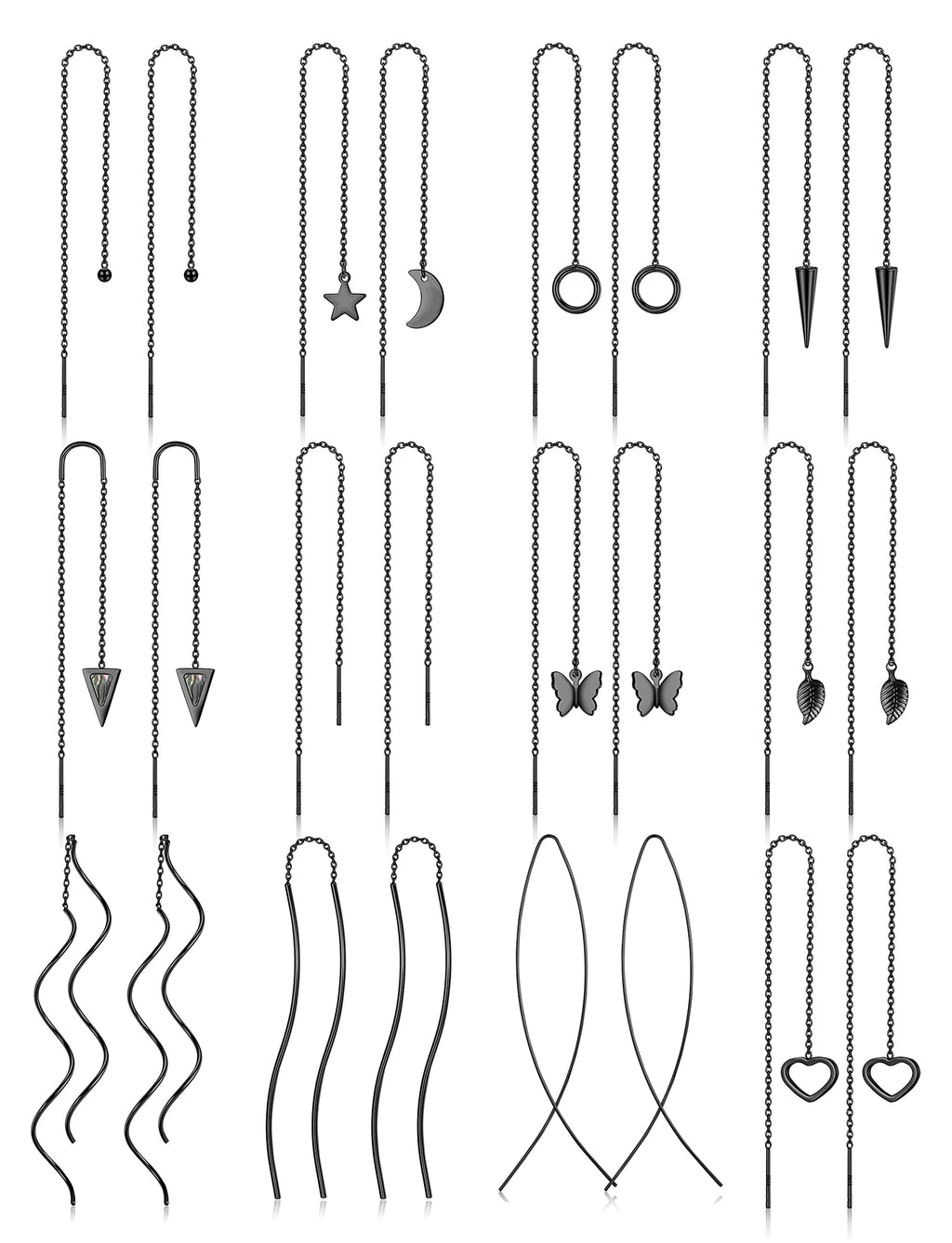 [Australia] - Drperfect 12Pairs Stainless Steel Threader Earrings for Women Chain Tassel Earrings Double Twist Wave Dangle Drop Chain Earrings Set Black 