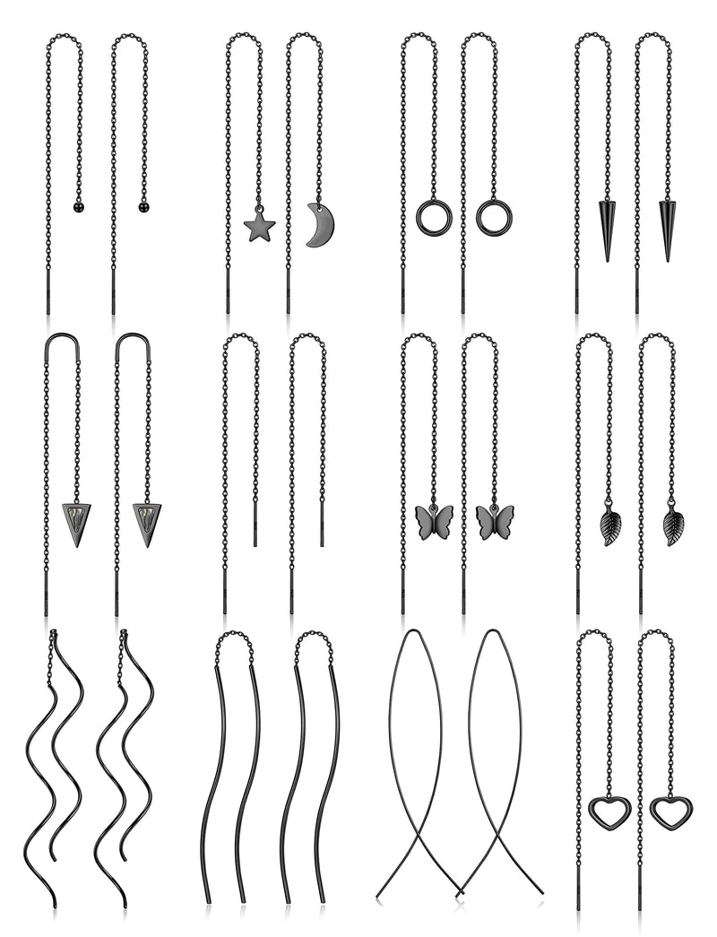 [Australia] - Drperfect 12Pairs Stainless Steel Threader Earrings for Women Chain Tassel Earrings Double Twist Wave Dangle Drop Chain Earrings Set Black 