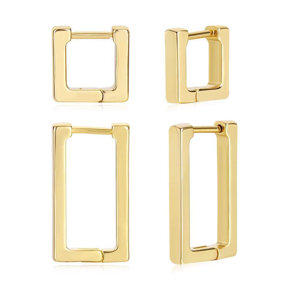 [Australia] - 2 Pairs 14K Gold Plated Minimalist Hoop Earrings Small Dainty Geometric Square and Rectangle Huggies Hoops for Girls Women Gift, gold, silver and black 