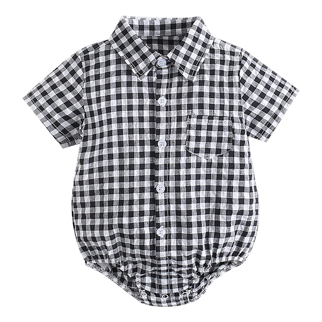 [Australia] - LuckyCandy Baby Boys' Polo Romper Formal Shirts Unisex-Baby Onesie Bodysuit Wedding Party Outfits 0-6months Black Plaid 