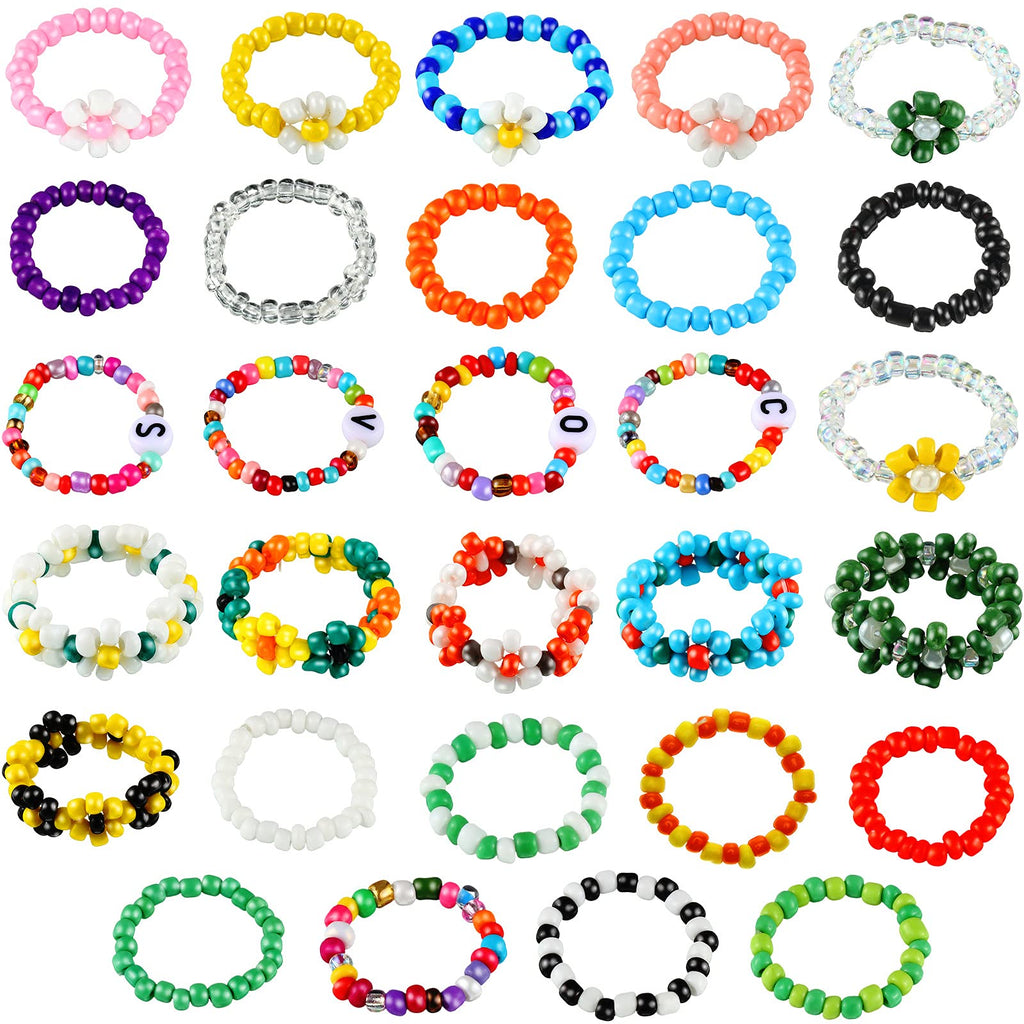 [Australia] - Jadive 29 Pieces Flower Beaded Ring Daisy Flower Bead Rings Set Rice Bead Rings Cute Handmade Vsco Boho Beach Rings Colorful Jewelry Ring Rainbow Colorful Beads Knuckle Ring Set for Girl Women 