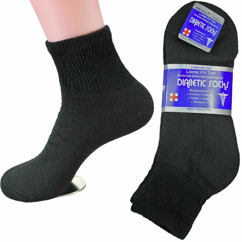 [Australia] - 3 Pair Ankle Quarter Crew Diabetic Socks Men's Women's Unisex Size 10-13 Black 
