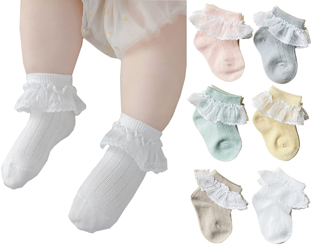 [Australia] - QandSweet Newborn Girls' Lace Socks Baby Ankle Sock for Infant and Toddlers Pink/Grey/White/Aqua/Yellow/Khaki 0-6 Months 