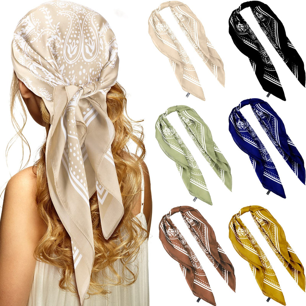 [Australia] - 6 Pieces Silk Feel Satin Head Scarves Square Satin Wraps Neck Hair Head Scarf Night Sleeping Scarfs for Woman, 27.5 x 27.5 inches 