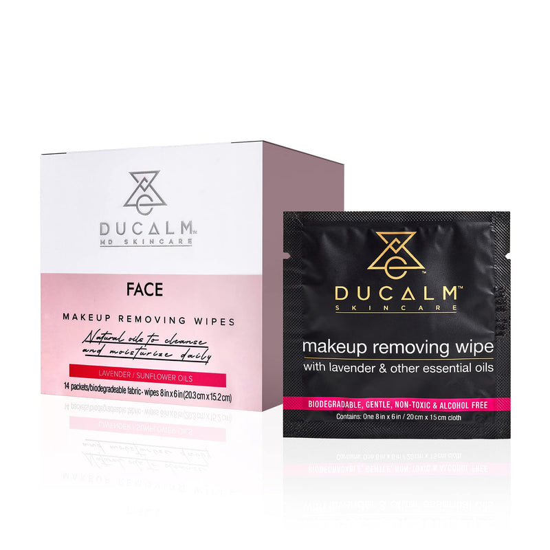 [Australia] - Natural Makeup Removing Wipes (14 Count) by Ducalm Skincare - Infused with Lavender, Sunflower and Jojoba - Gentle Towelette to Remove Resistant Makeup and Dirt - Alcohol and Paraben Free 