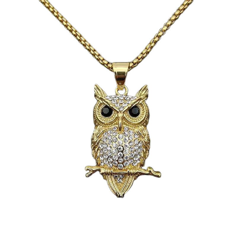 [Australia] - Iced Out Owl Tree Branch Necklace for Men, Stainless Steel Hip Hop Gold Owl Animal Necklace Celtic Owl Necklace for Boy 