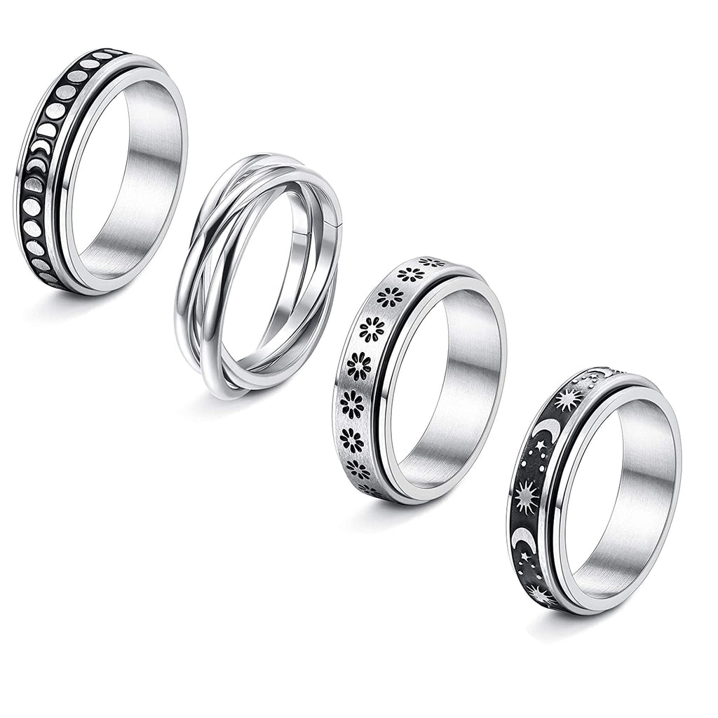 [Australia] - CASSIECA 4 Pcs Stainless Steel Fidget Rings for Women Mens Spinner Rings Flower Moon Star Cool Anxiety Rings Stress Relieving Wedding Promise Rings Set(Size 5-10) 6 