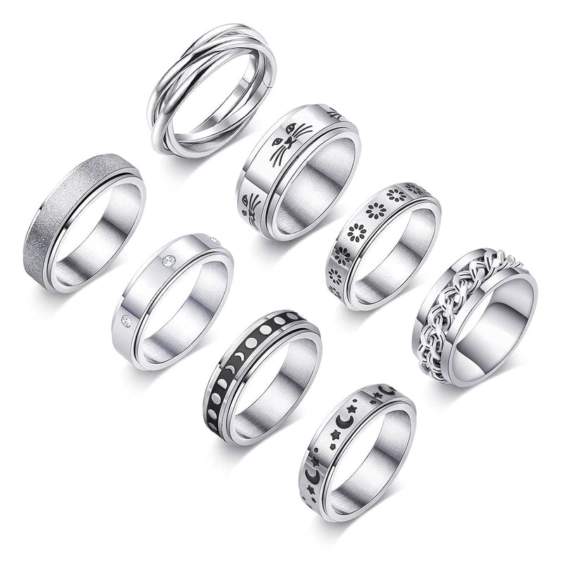 [Australia] - WFYOU 8Pcs Stainless Steel Fidget Rings for Women Men Anxiety Rings Moon Star Matching Rings Cuban Link Chain Ring Flower Cat Spinner Band Rings Set, Size5-10 Silver 5 