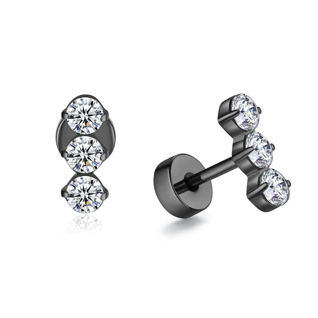 [Australia] - Stud Earrings for Women Hypoallergenic Surgical Stainless Steel Earring Cubic Zirconia Titanium Ear Rings for Sensitive Ears, Flat Backed, Silver Black-3CZ 3 cz 