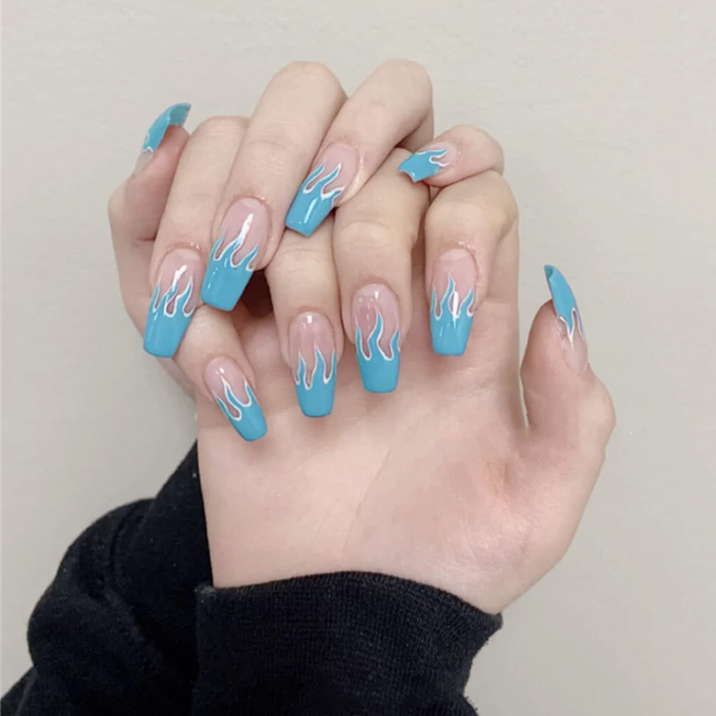 [Australia] - NXYVB 2021 new square flame fake nails 24PCS design blue fire pattern full coverage fake nails artificial nails art decal tips,Blue flame 