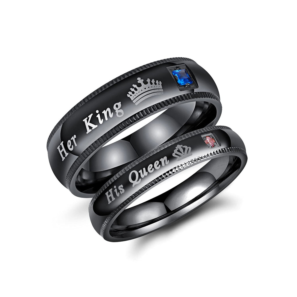 [Australia] - MONIYA Set of 2 His Queen Her King Rings Stainless Steel Wedding Engagement Band Matching Promise Rings For Couple Anniversary Jewelry Black Men 7 & Women 5 